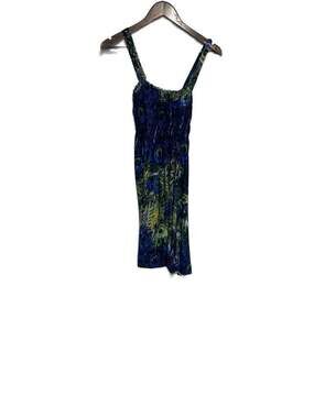 Ace Fashion Peacock Feather Print Smocked Bodice Sleeveless Summer Dress XL